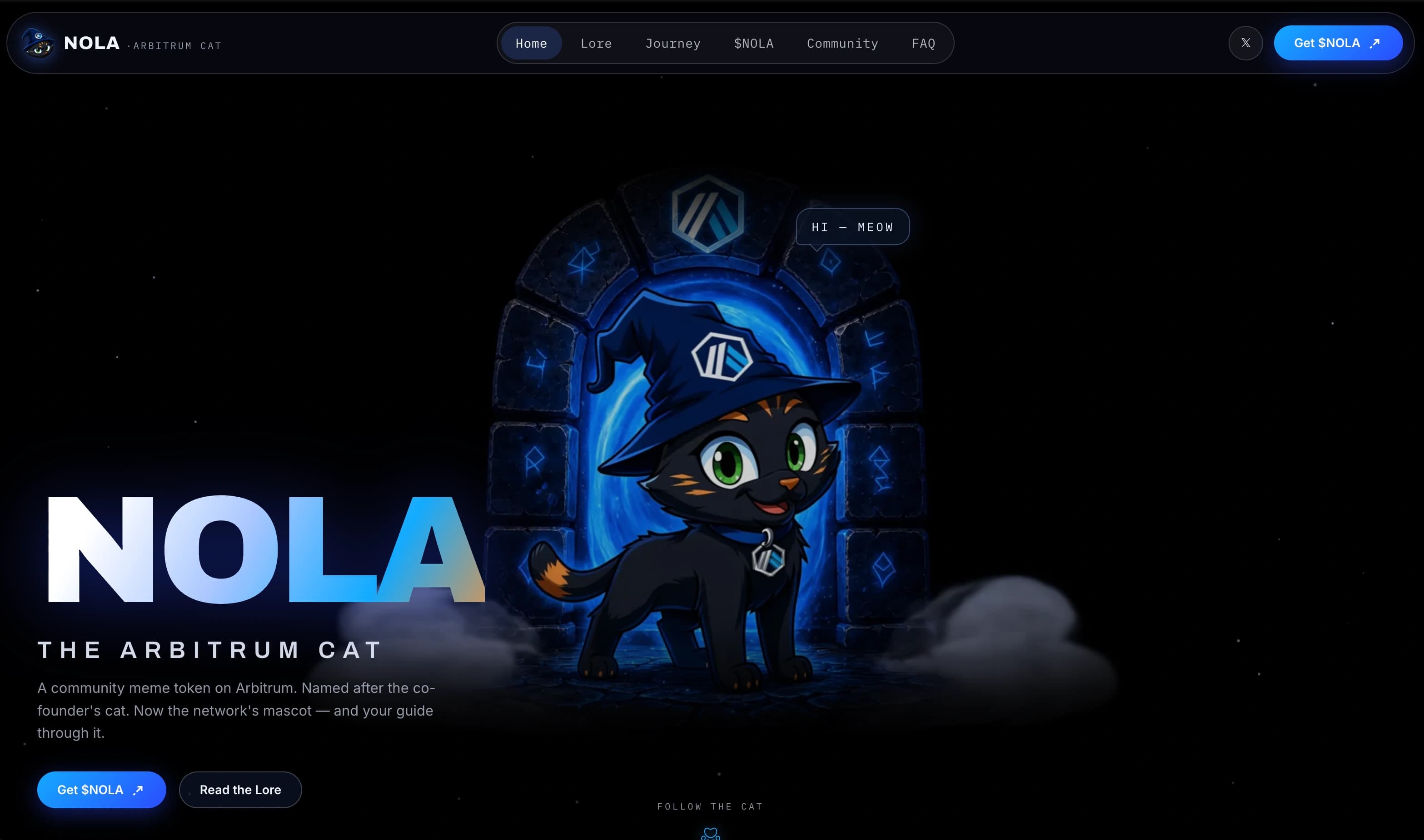Nola website: the cat at a blue portal, with the Arbitrum identity and opening navigation