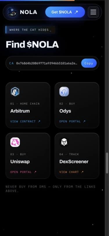 Nola mobile token section with the destination links arranged in two columns