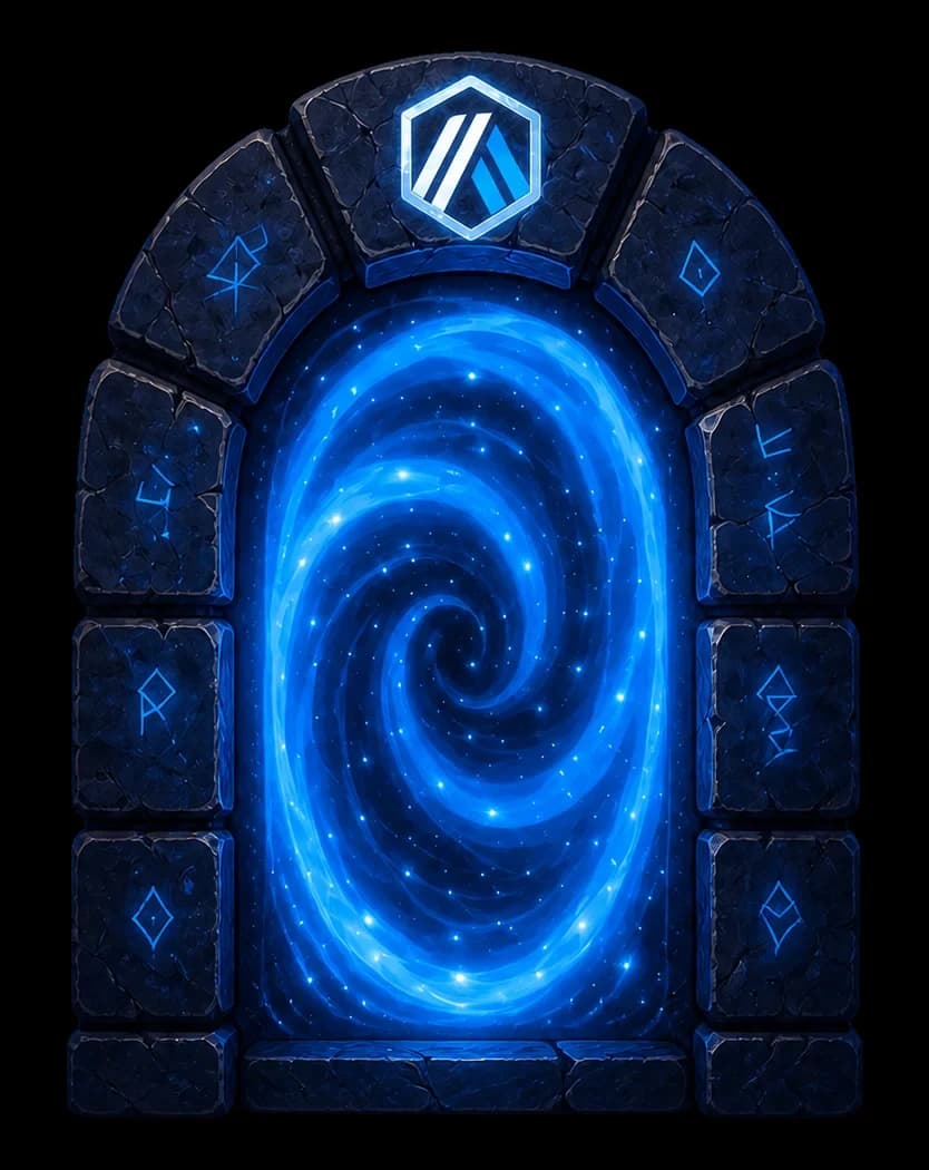 Blue magical stone portal with the Arbitrum symbol at its crown