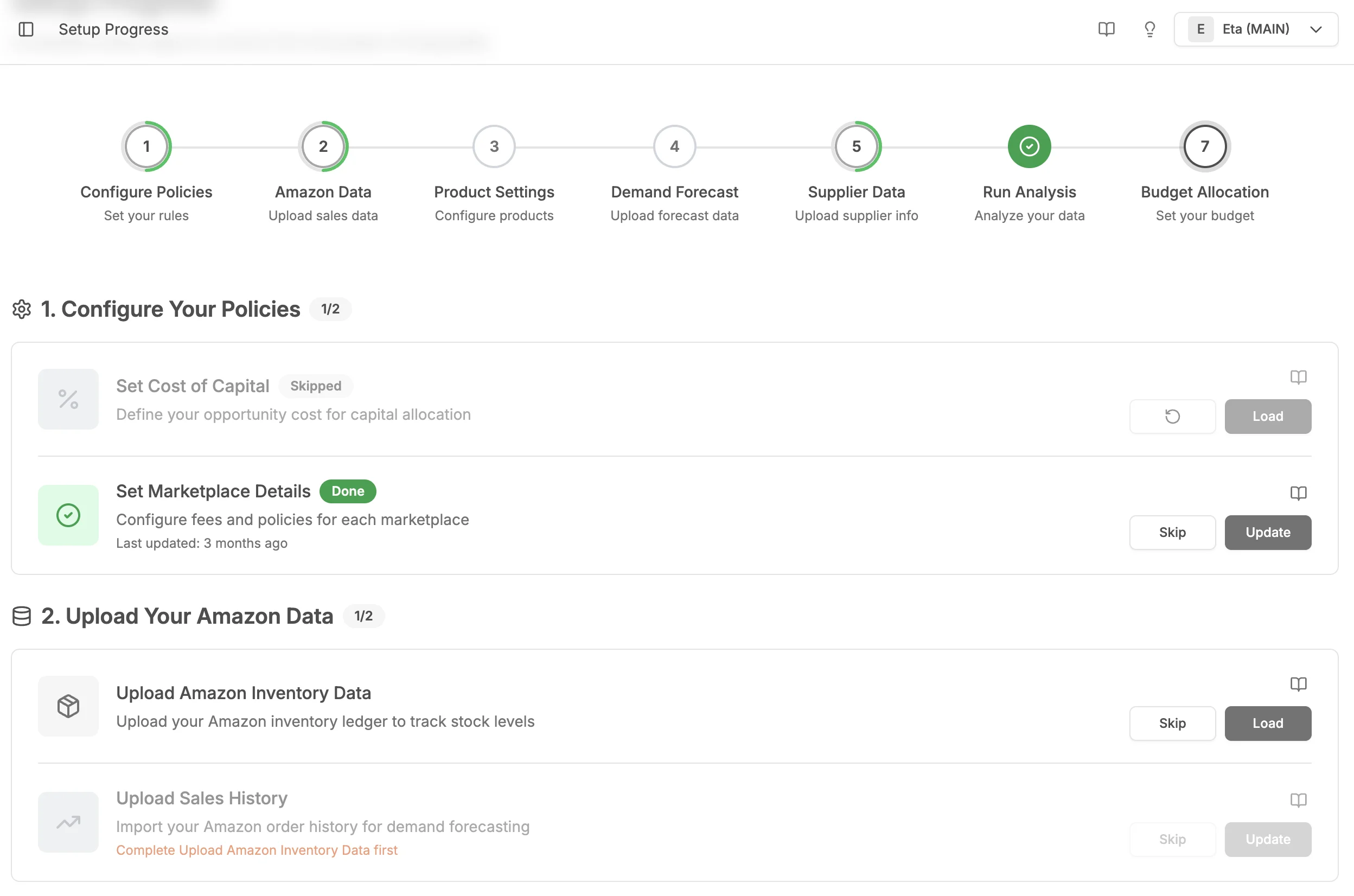 Seven-step setup progress screen with per-step status