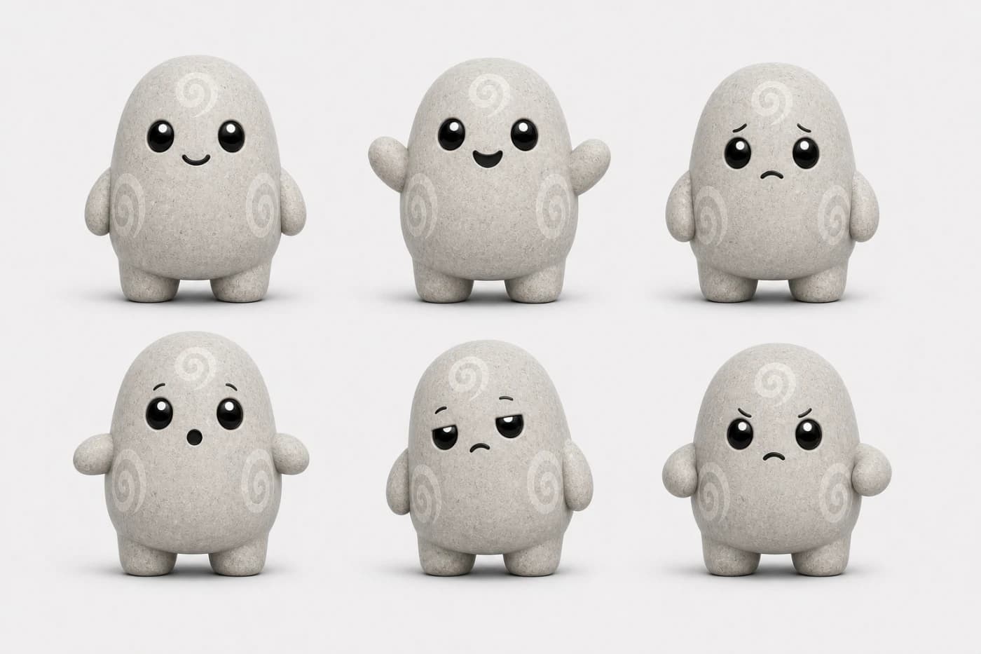 Stobi character emotion sheet with six facial expressions and poses