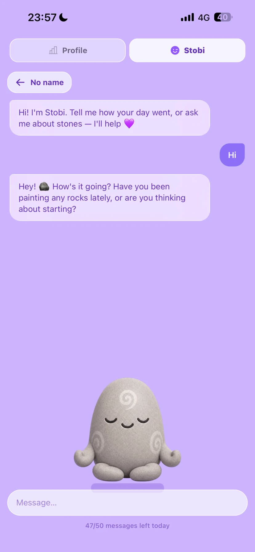 Stobi companion chat with the mascot and conversation interface
