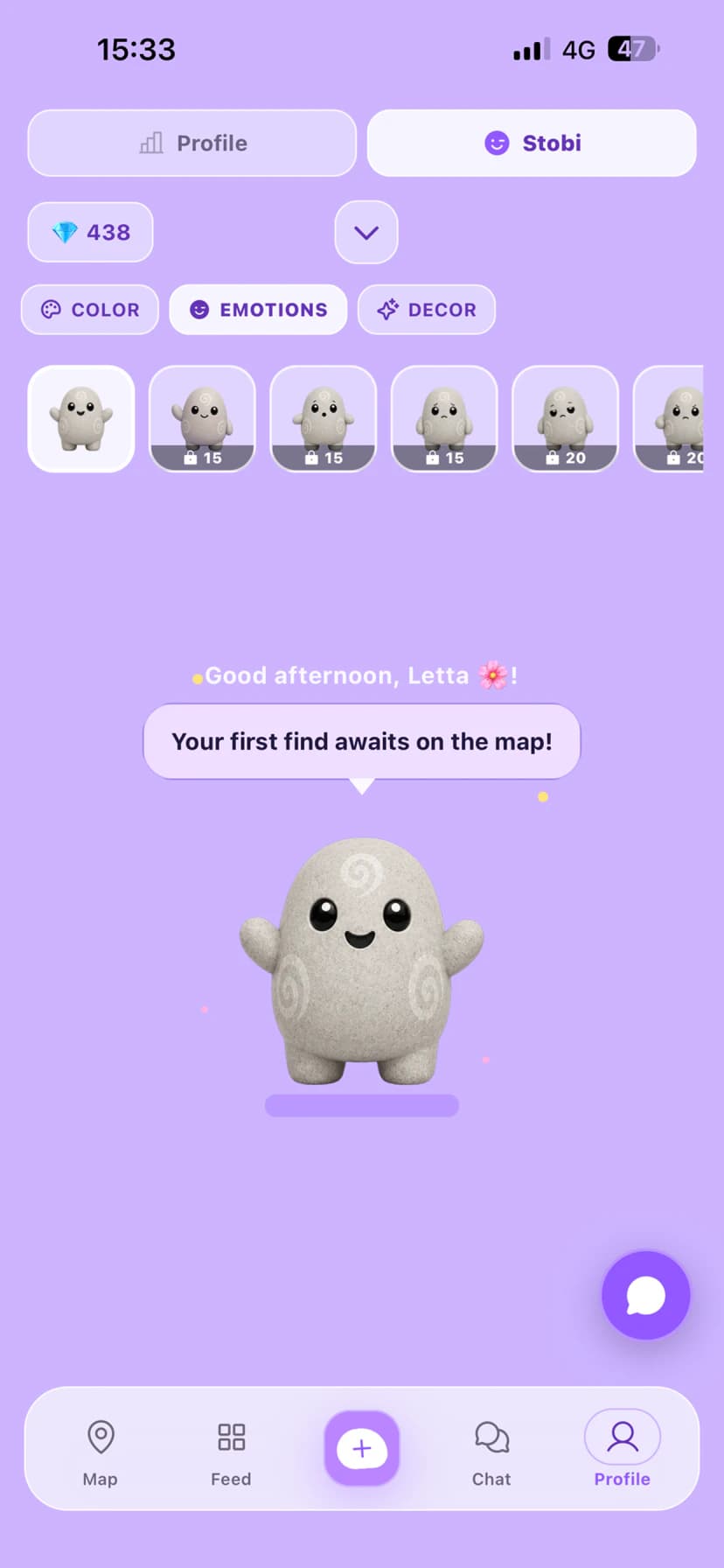 Stobi companion customization screen with expressions and decor