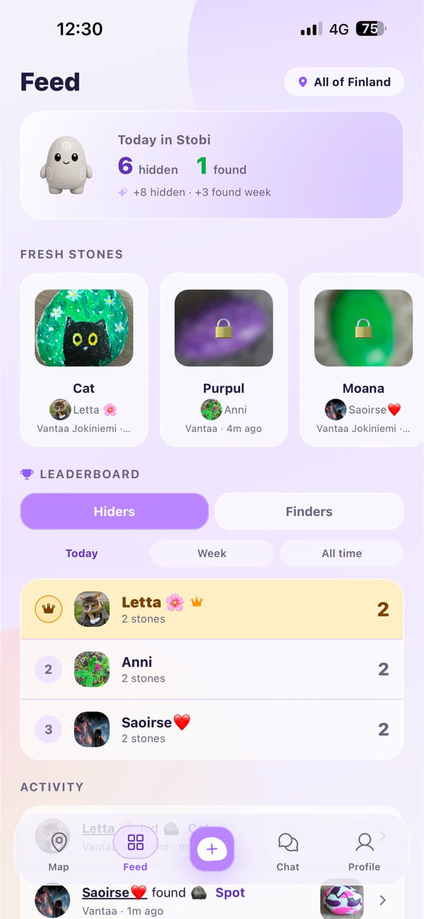 Stobi community feed with fresh stones, activity, and leaderboard