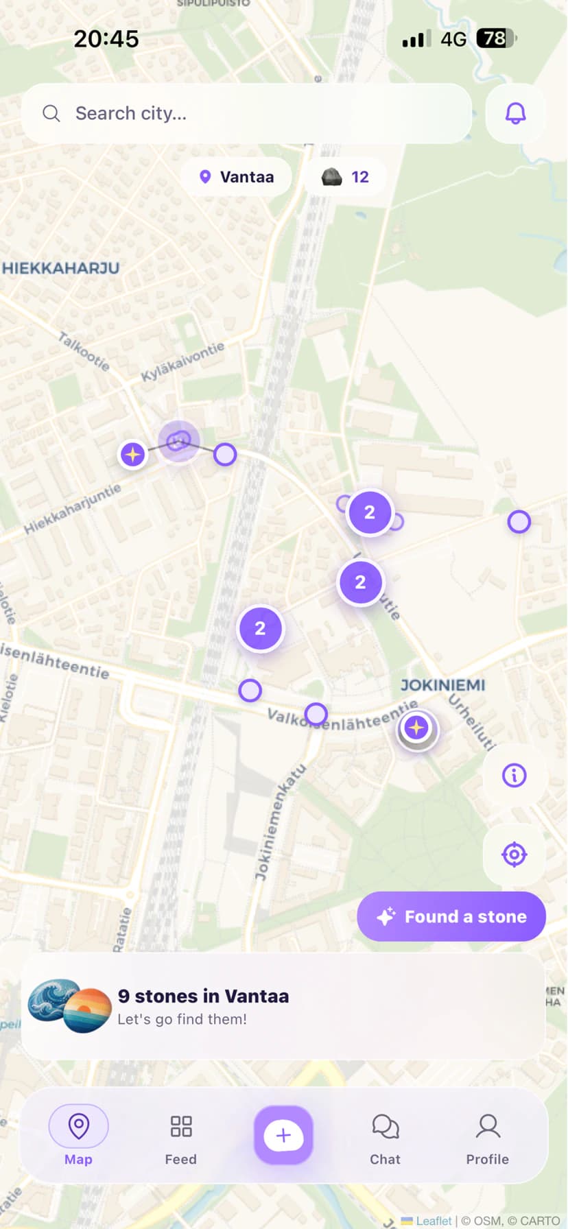 Stobi map showing nearby painted-stone locations and a found-a-stone action