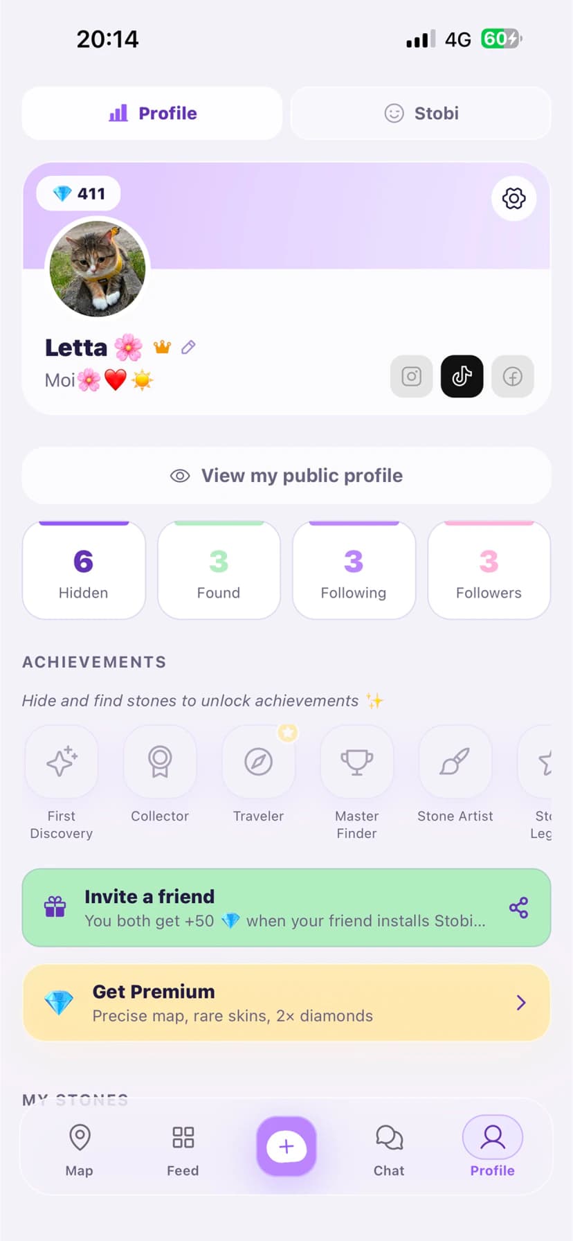 Stobi public artist profile with hidden and found totals, achievements, and a collection of stones