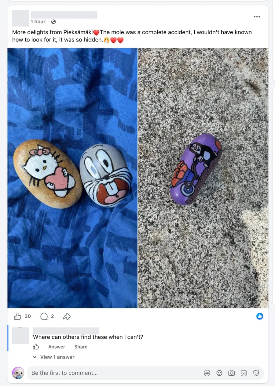 Facebook post showing several painted stones and a finder asking where to discover more