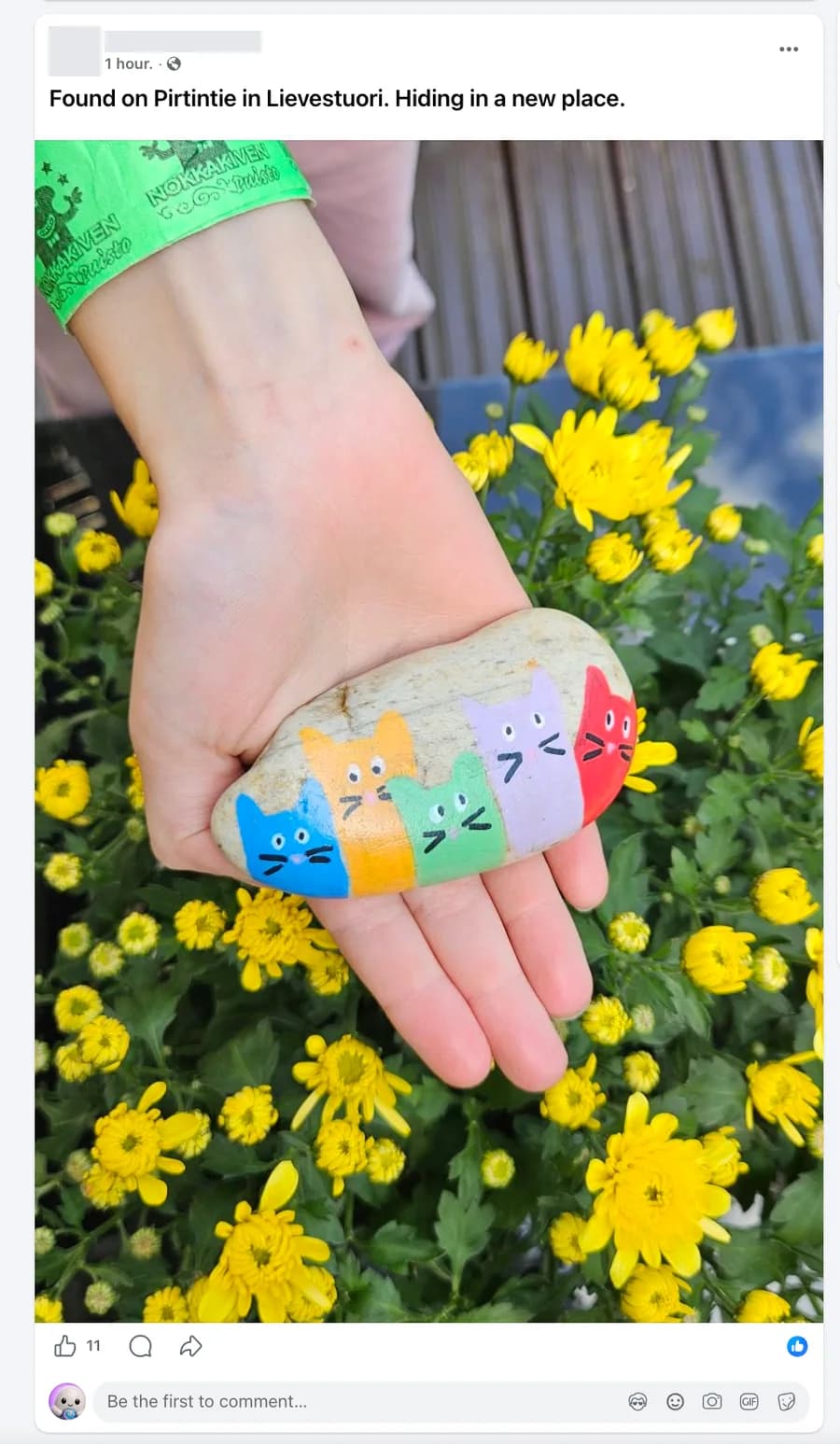 Facebook post reporting that a painted stone was found and hidden again